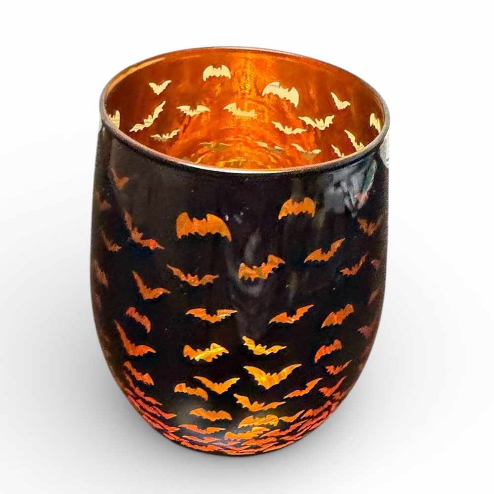 Wine Glass Halloween Two Tone Stemless Wine Glass Bat Orange Black Decor FC5